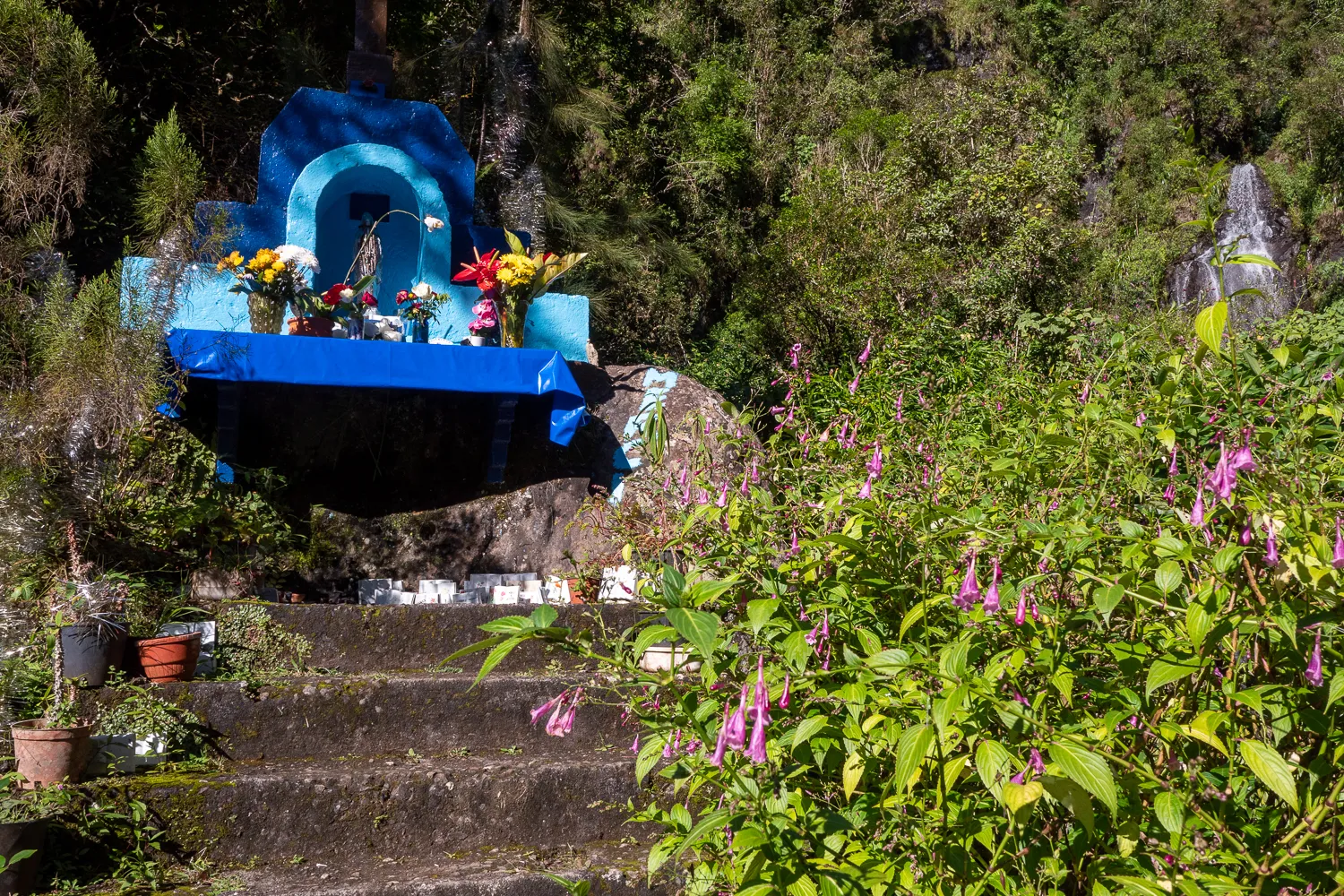 Blauer Gedenkstein mit Blumen und rosa Blüten im grünen Wald