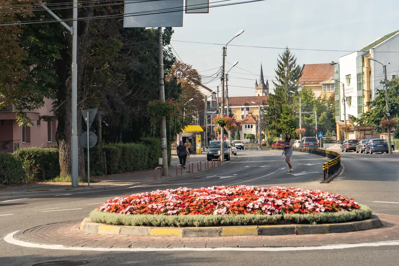Rundumblumenbeet mit roten und weißen Blumen an Straßenkreuzung