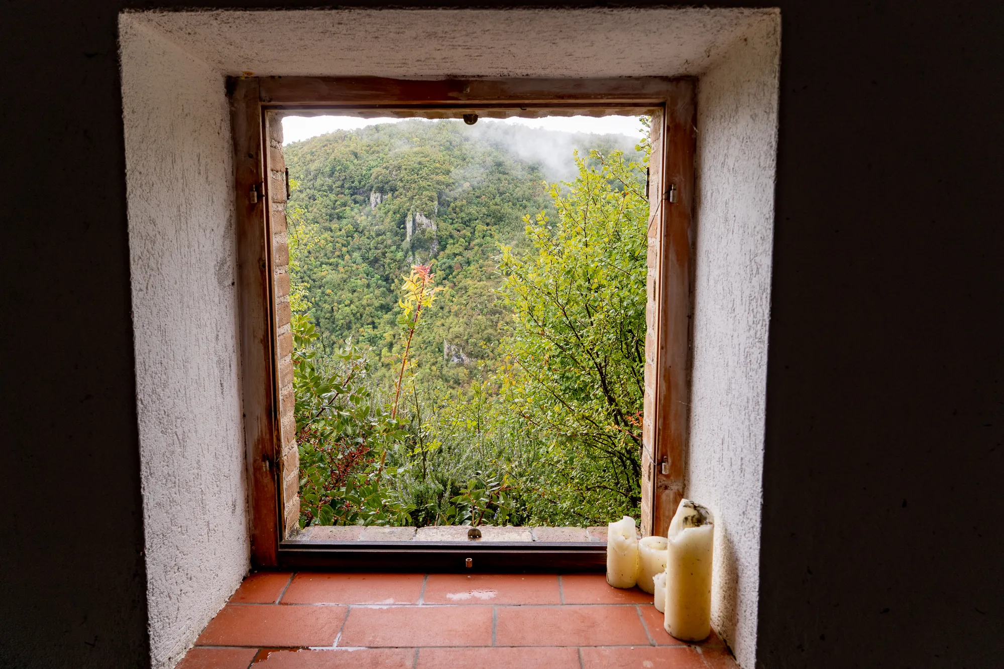 fenster mit blick auf bewaldeten berg