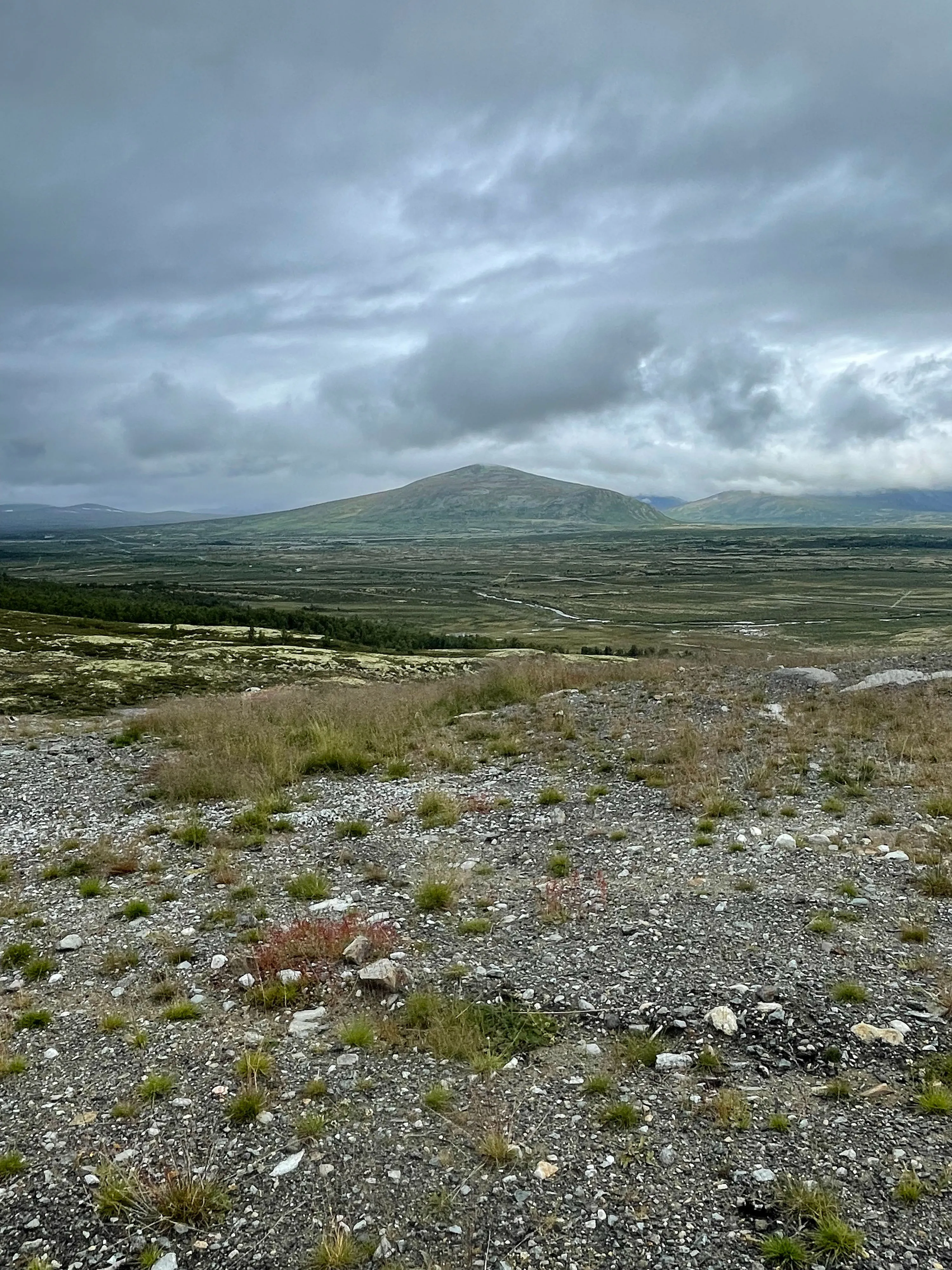 Gebirgslandschaft mit grauem Himmel und felsigem Boden