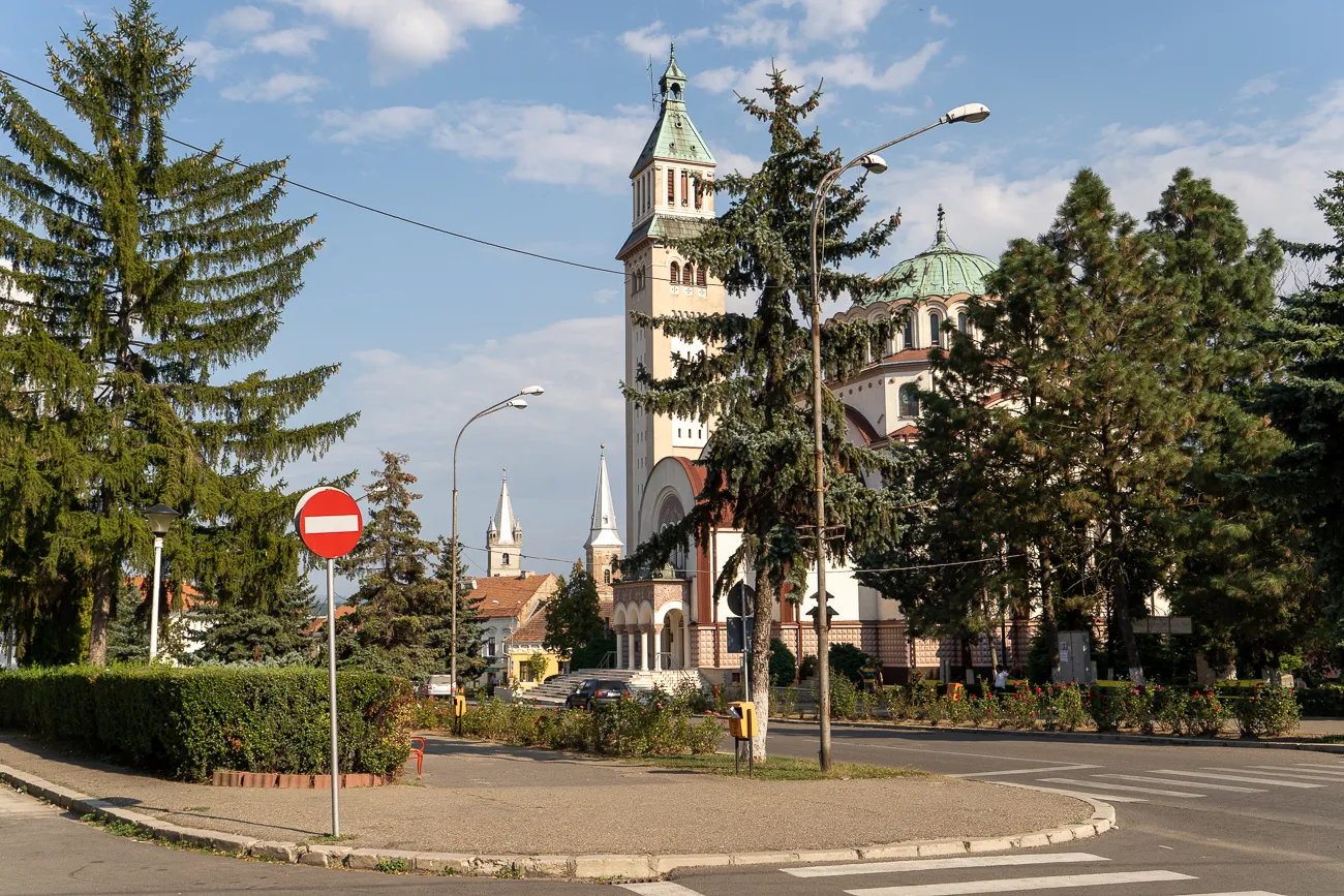 große kirche mit grünem kupferdach und hohen türmen zwischen bäumen