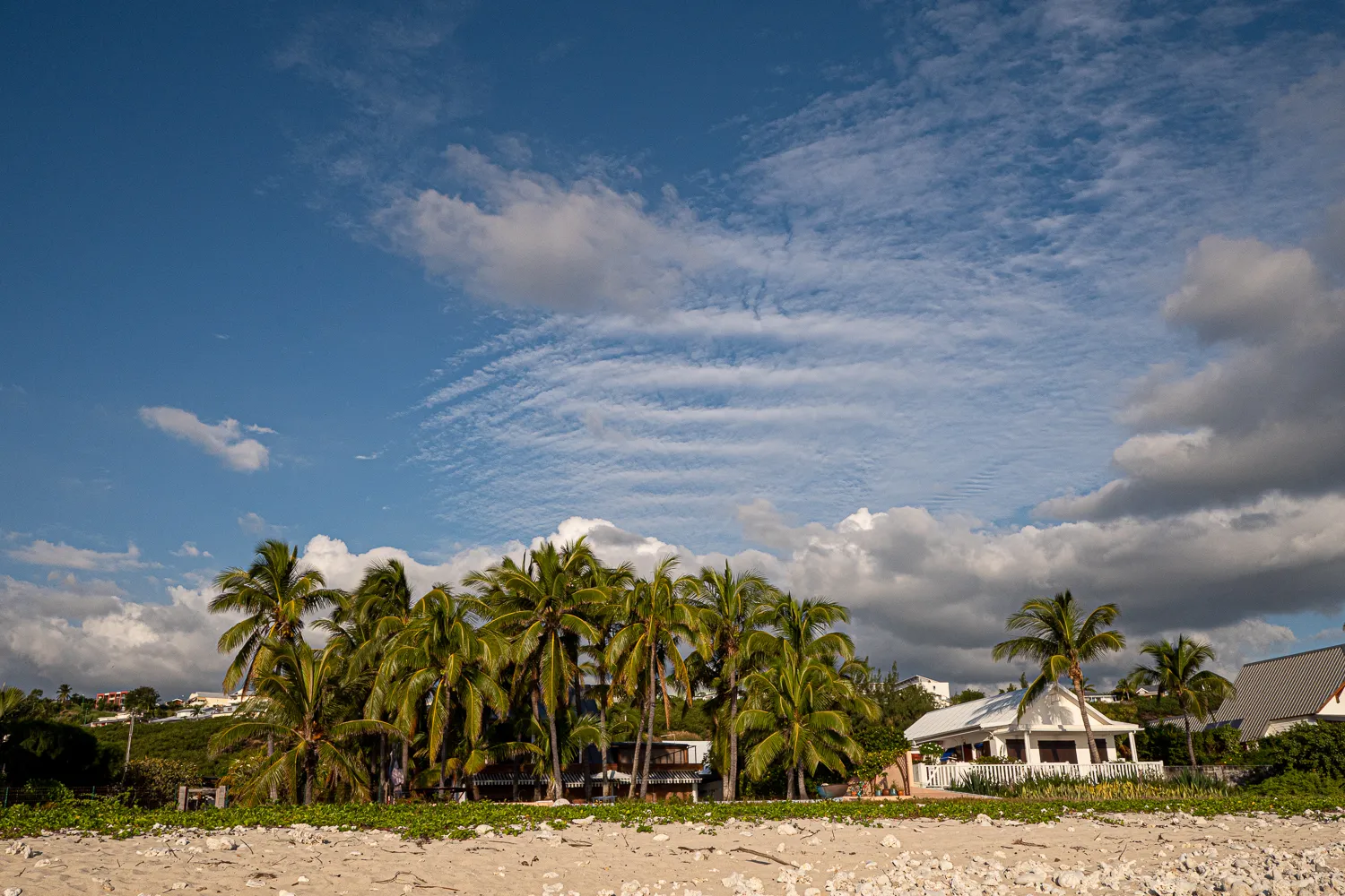 Strand mit Palmen und Häusern unter blauem Himmel mit Wolken