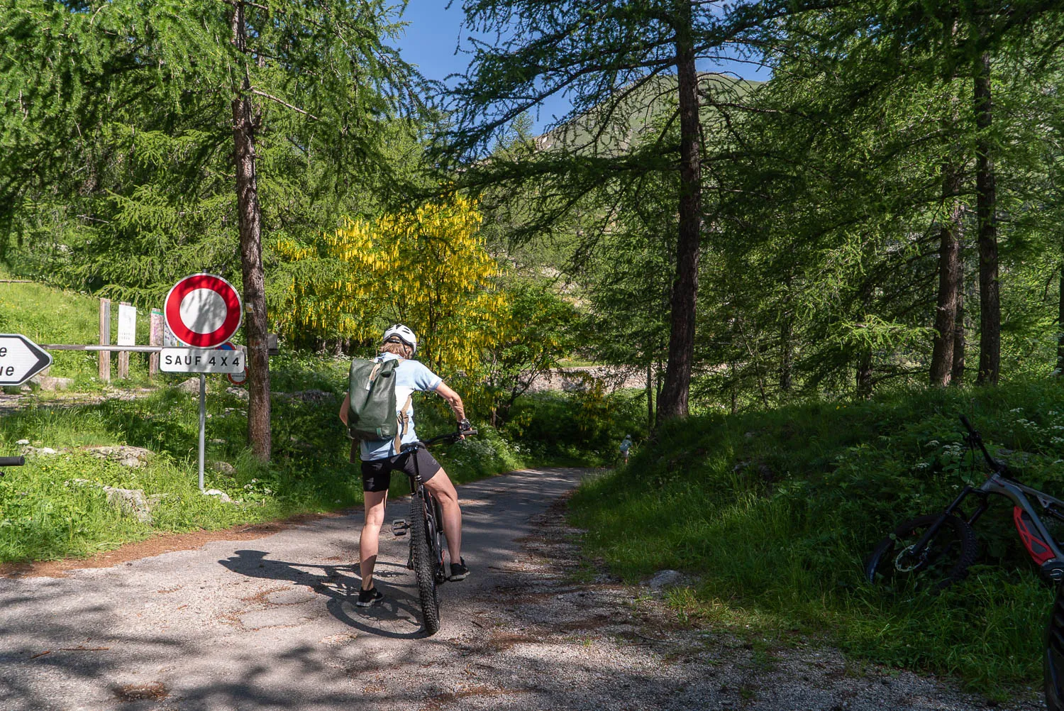 Radfahrer auf Schotterweg durch Wald mit Schildern