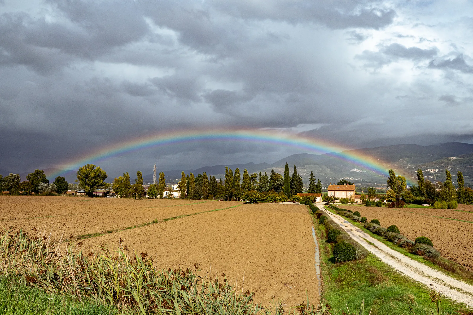 Regenbogen über Feldweg mit Häusern und Bergen im Hintergrund
