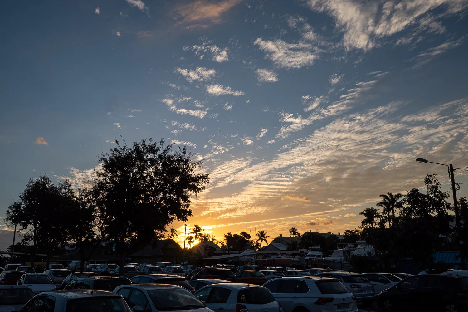 Sonnenuntergang über Parkplatz mit Bäumen und Palmen