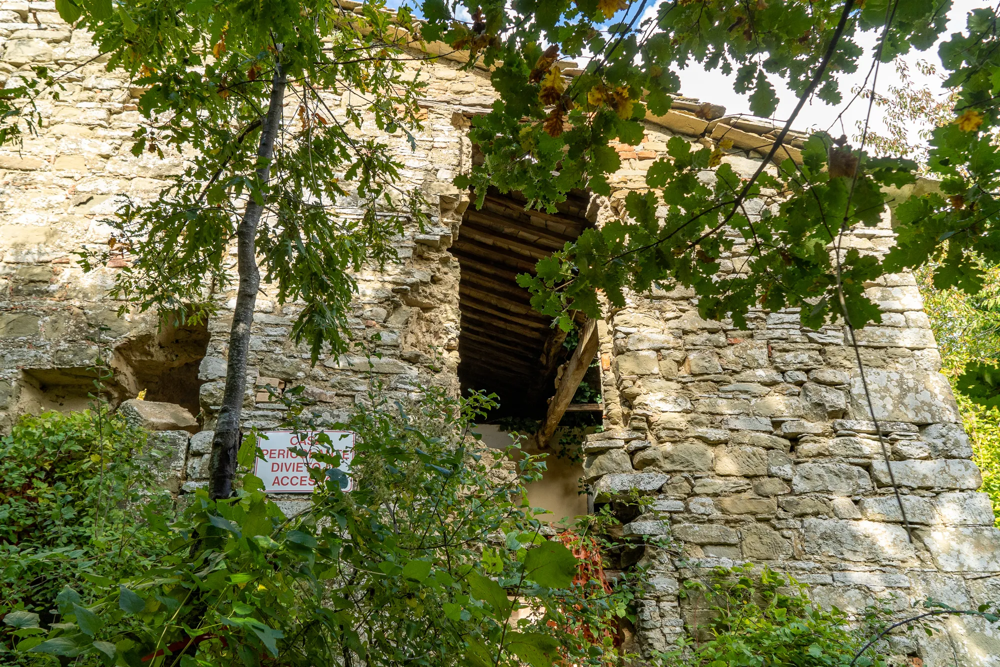 Alter Steinbau mit Holzkonstruktion und grüner Vegetation im Vordergrund