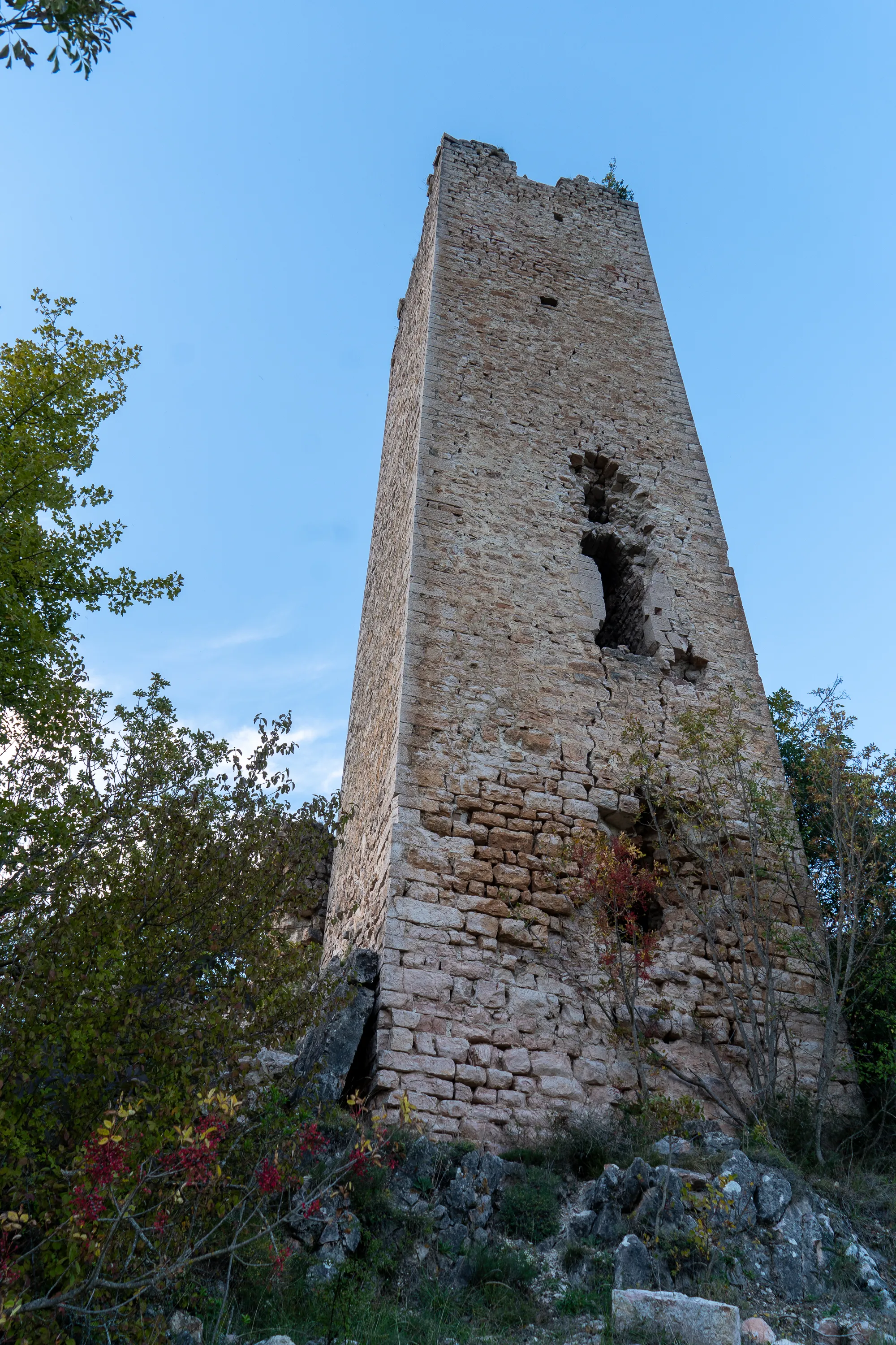 Alter SteinTurm mit zerstörten Fenstern, umgeben von Bäumen und Felsen