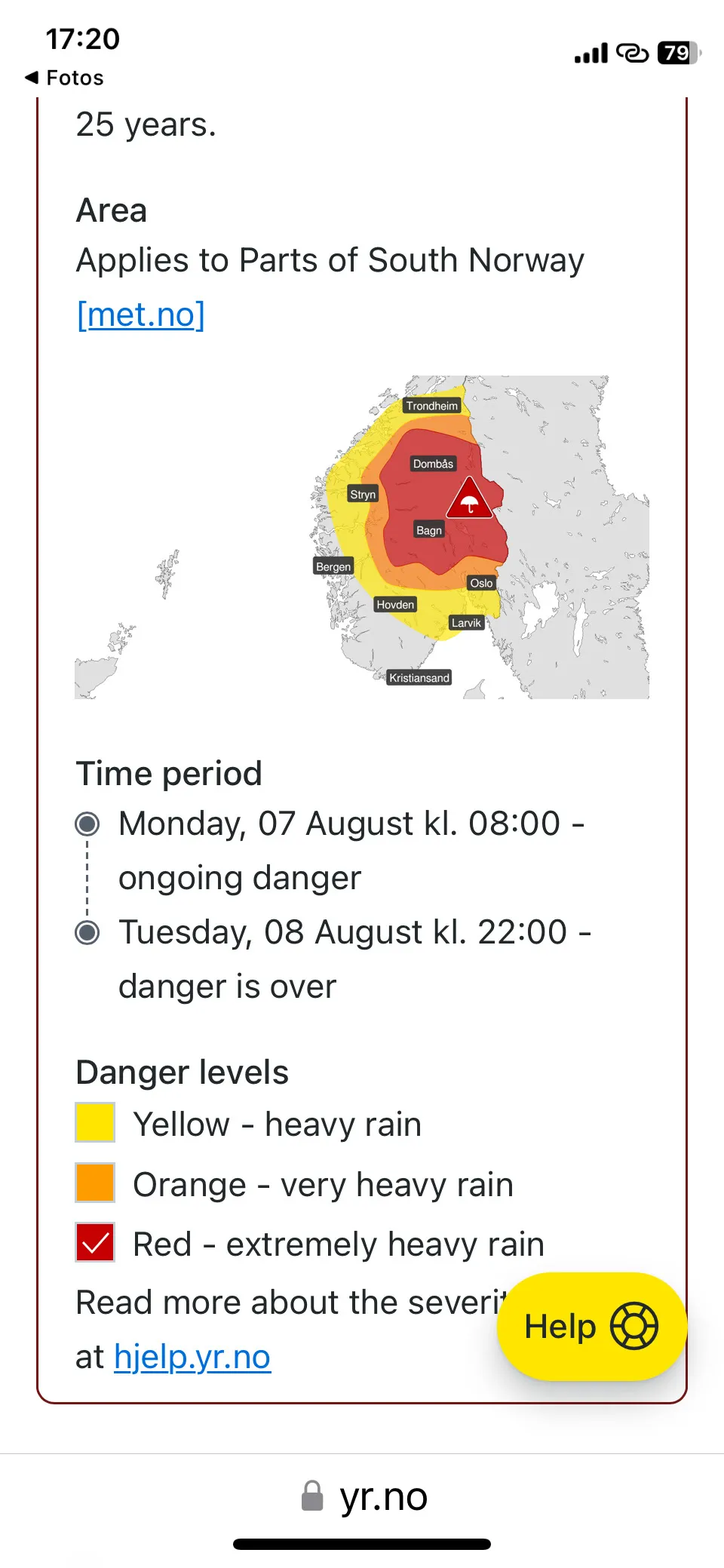Wetterwarnung für Südnorwegen mit rotem Gefahrenbereich.